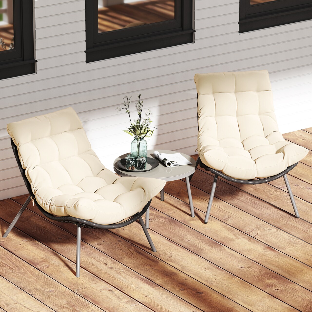 3-Piece Patio Rattan Papasan Chair Set with Cushions and Table